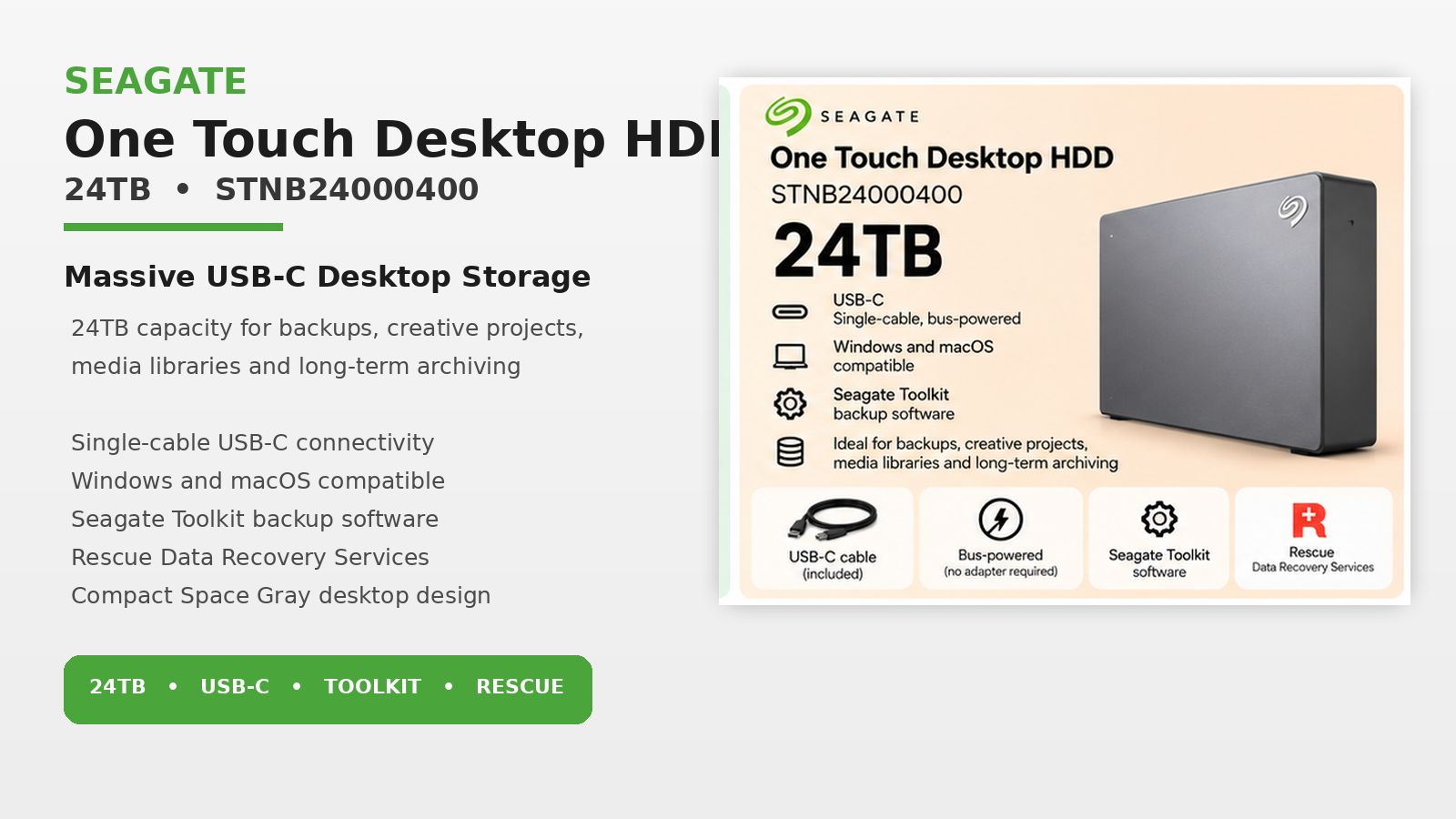 Seagate One Touch Desktop HDD 24TB USB-C External Hard Drive, Bus-Powered, Windows & Mac Compatible, Space Gray | STNB24000400
